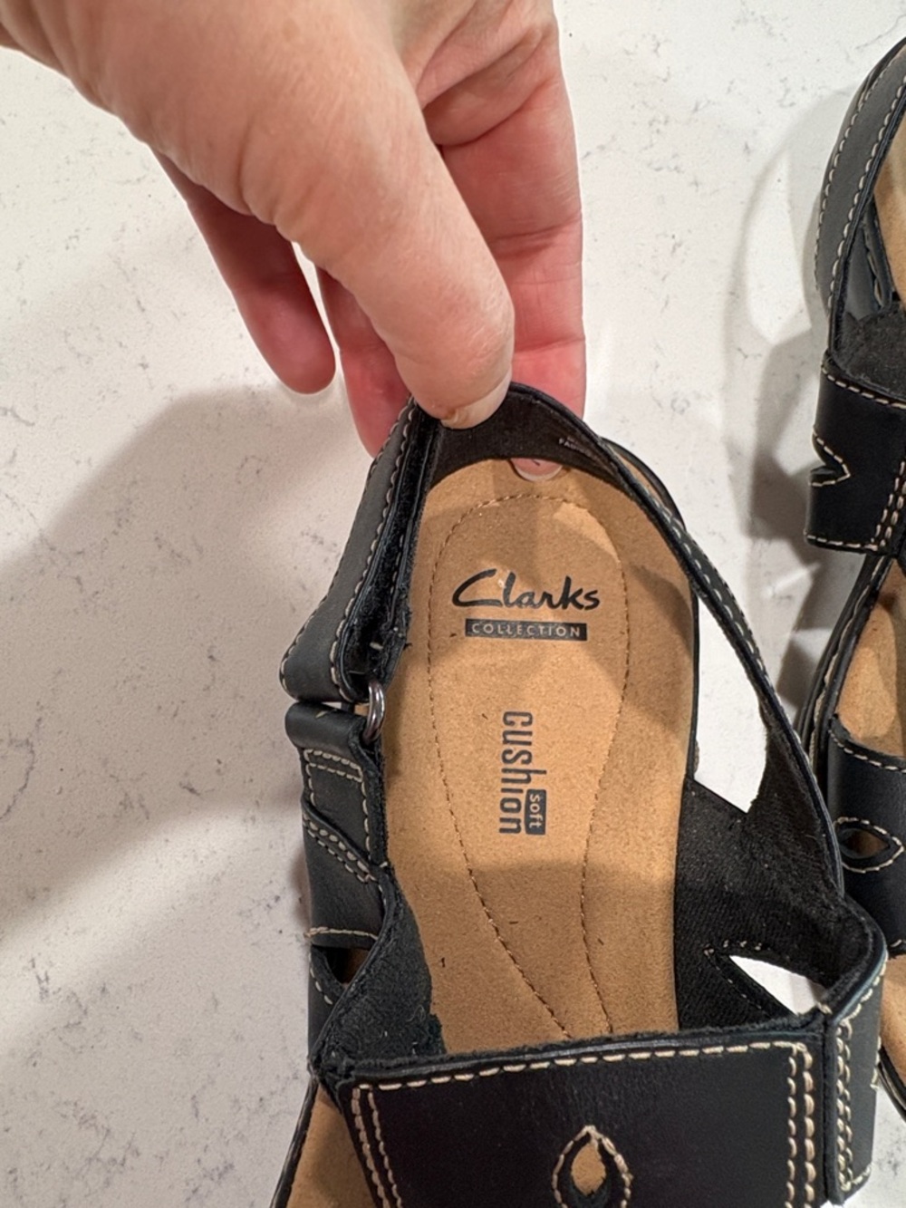 Clarks Black Leather Slingback Sandals with Tan Footbed - Picture 6 of 8